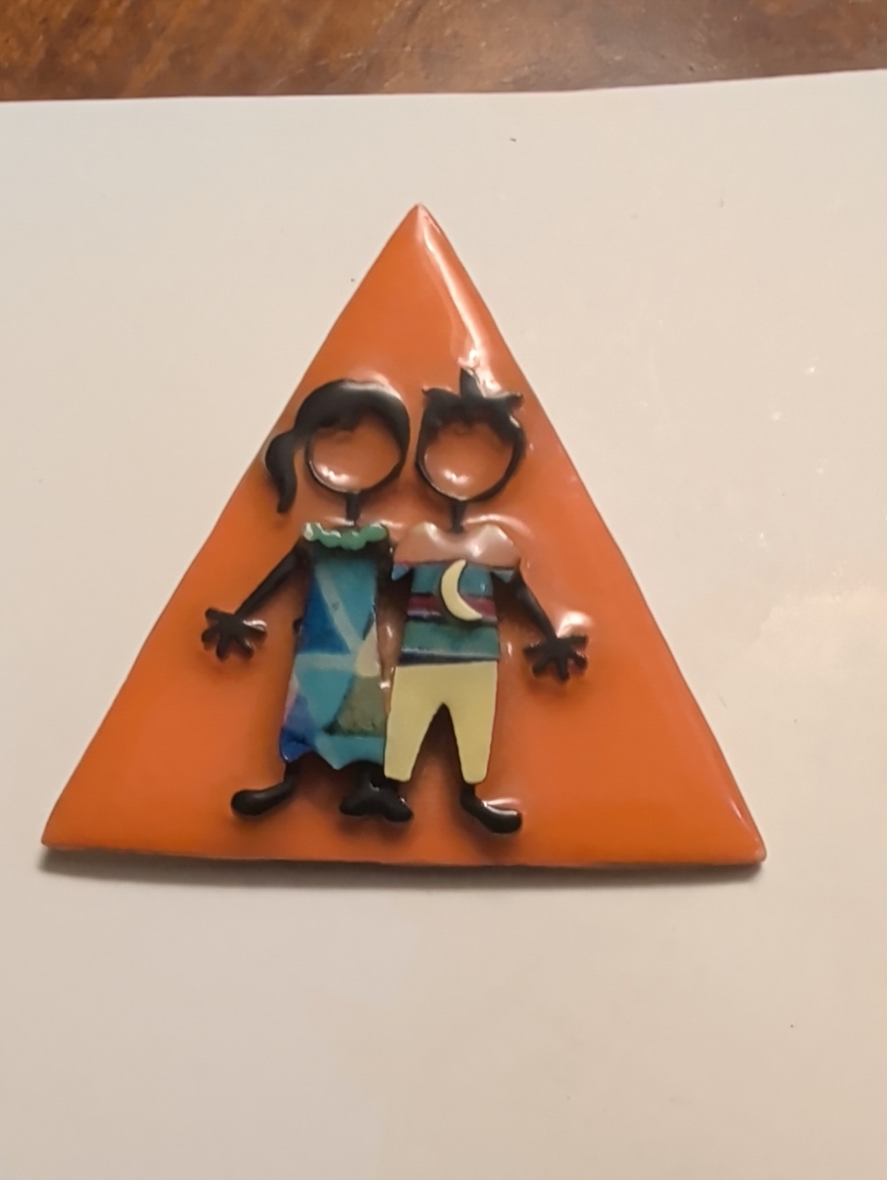 Lucinda Pin Vintage orange two people children triangle brooch signed maine